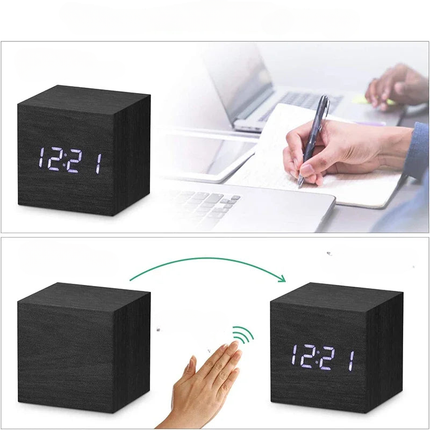Digitaler Holzwürfel Wecker in Schwarz
