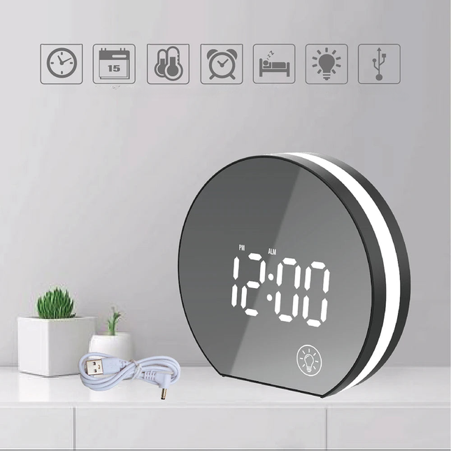 Runder Spiegelwecker mit großen Ziffern