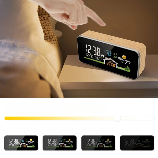 Smarter Wecker mit Wetterstation Holzoptik