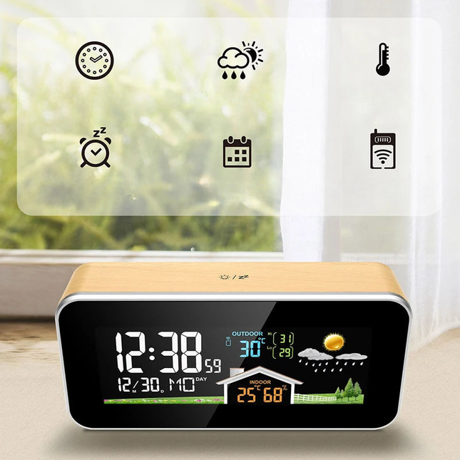Smarter Wecker mit Wetterstation Holzoptik