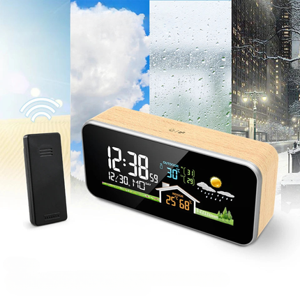 Smarter Wecker mit Wetterstation Holzoptik