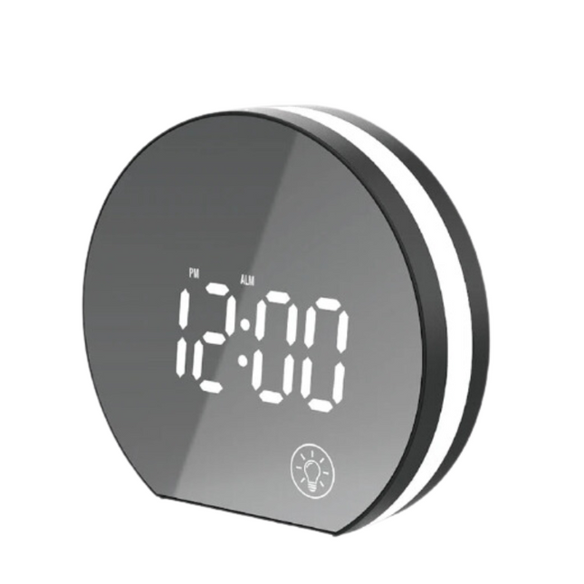 Runder Spiegelwecker mit großen Ziffern