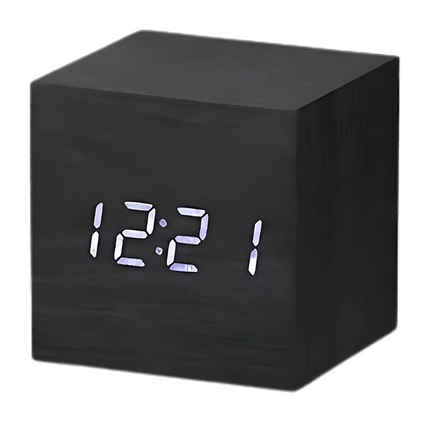 Digitaler Holzwürfel Wecker in Schwarz