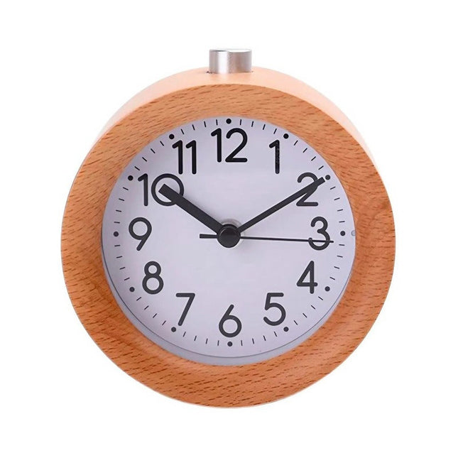 Runder analoger Wecker aus Holz