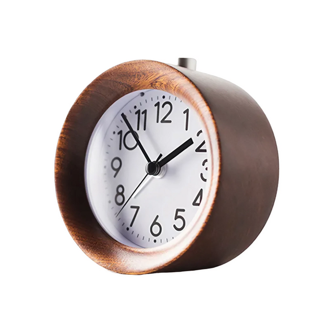 Runder analoger Wecker aus Holz