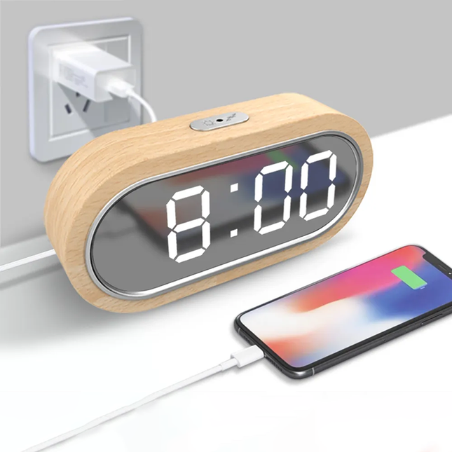 LED Wecker Holz mit Spiegelfunktion
