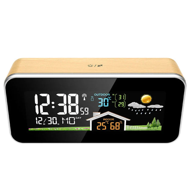 Smarter Wecker mit Wetterstation Holzoptik