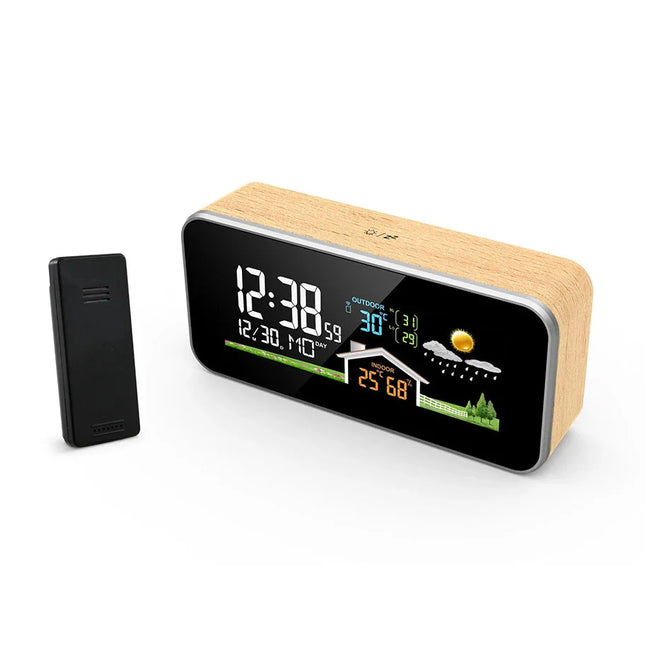 Smarter Wecker mit Wetterstation Holzoptik