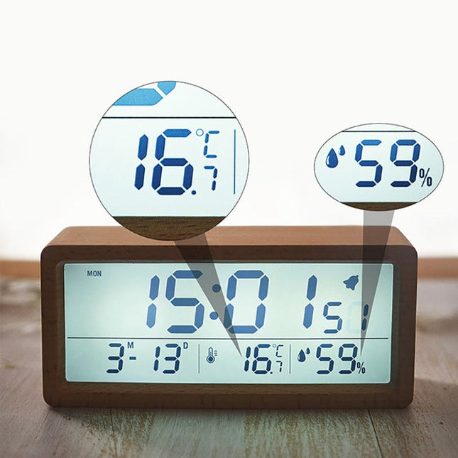 Digitalwecker im Holzgehäuse mit Temperatur